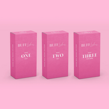 Load image into Gallery viewer, Three pink boxes labeled 'Buff Lashes' on a pink background