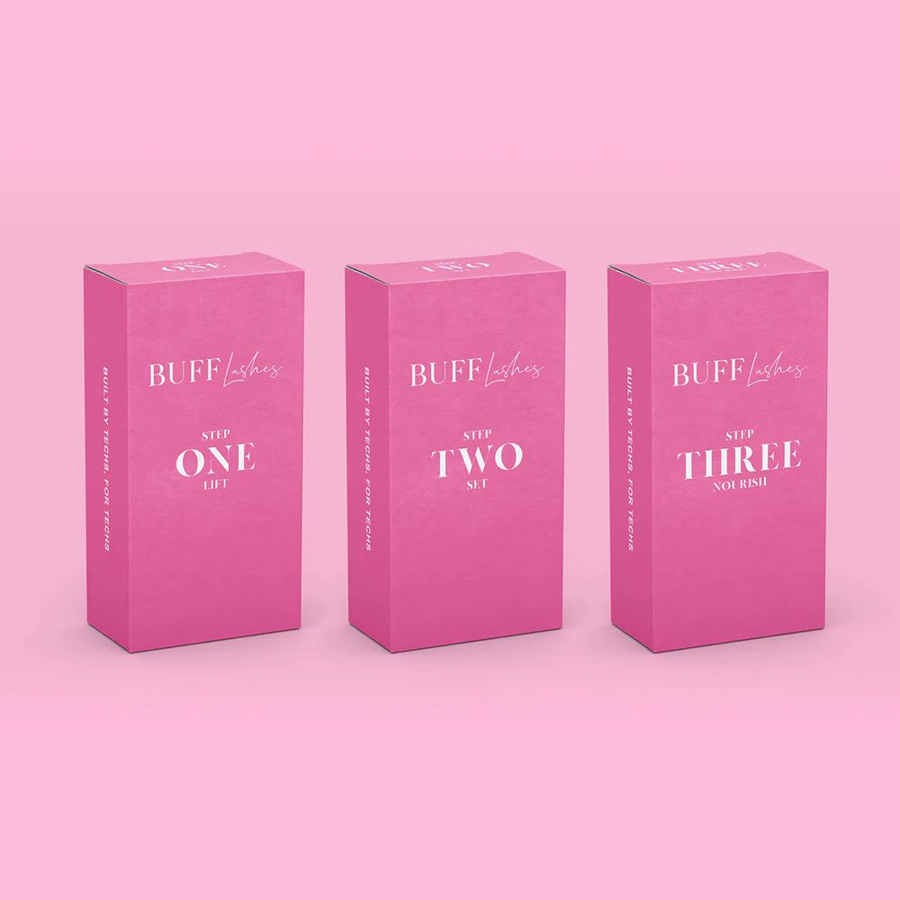 Three pink boxes labeled 'Buff Lashes' on a pink background