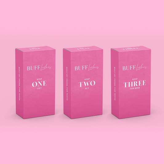 Three pink boxes labeled 'Buff Lashes' on a pink background