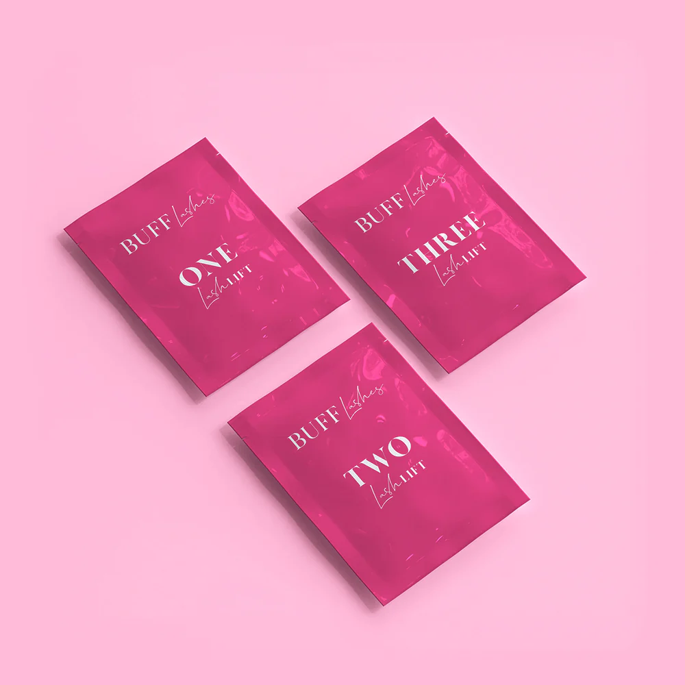 Three pink boxes with text on a pink background