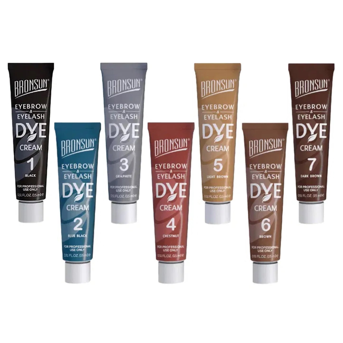Set of Browsbury Eyebrow Dye Cream tubes in various colors on a white background