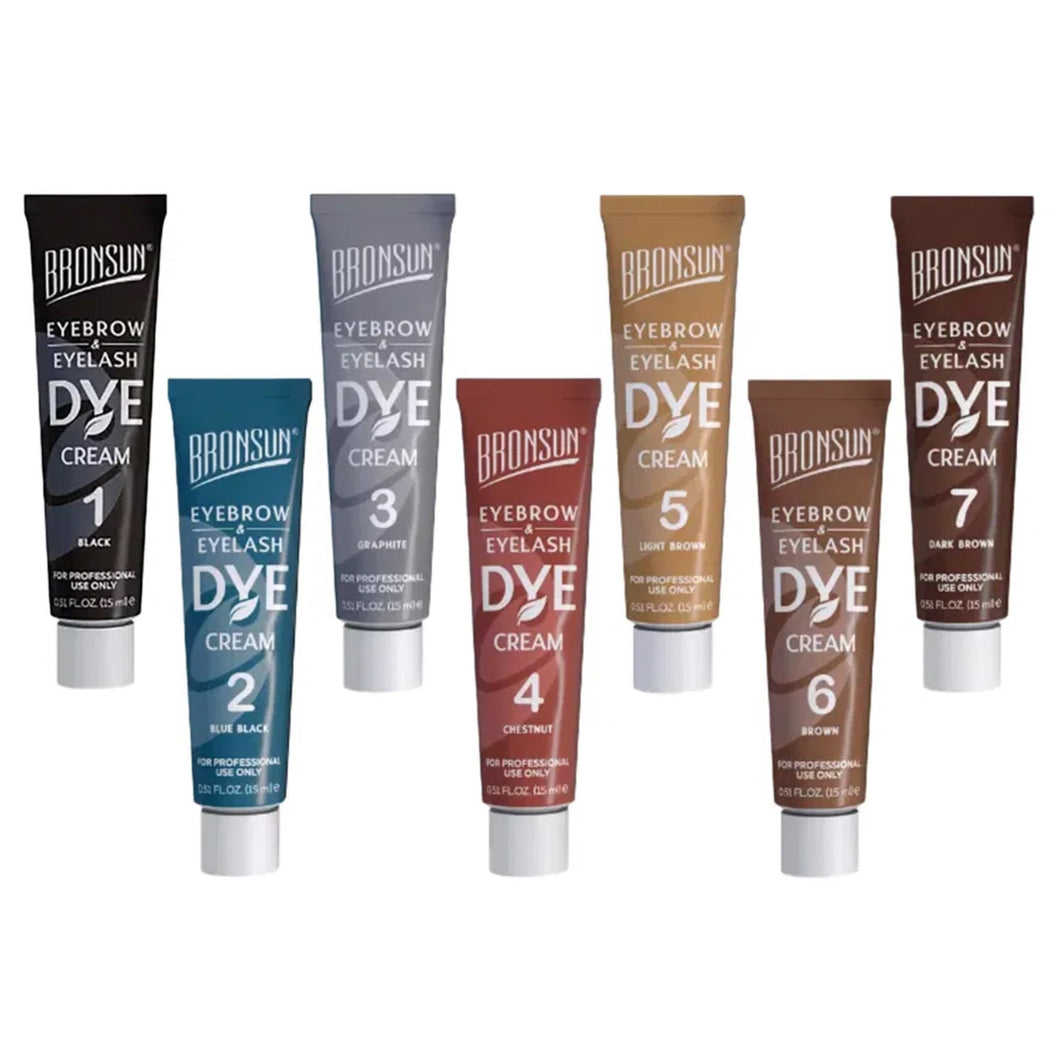 Set of Browsbury Eyebrow Dye Cream tubes in various colors on a white background