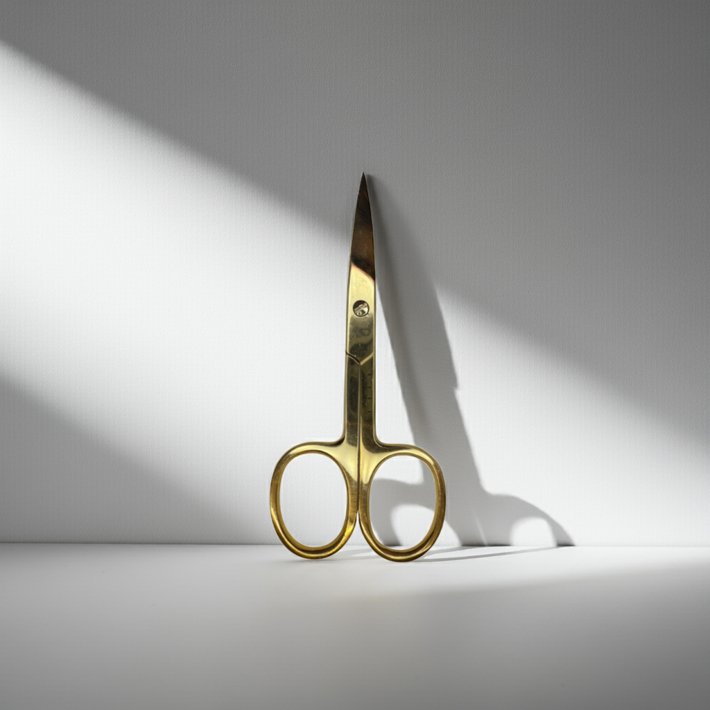 Gold scissors on a white background