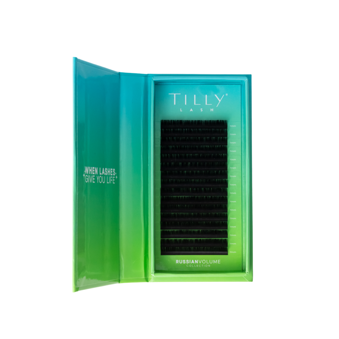 Tillys eyelash packaging with green gradient and black lashes inside