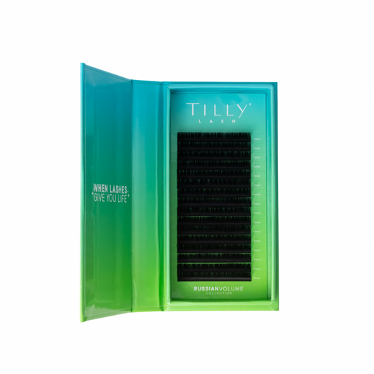 Tillys eyelash packaging with green gradient and black lashes inside